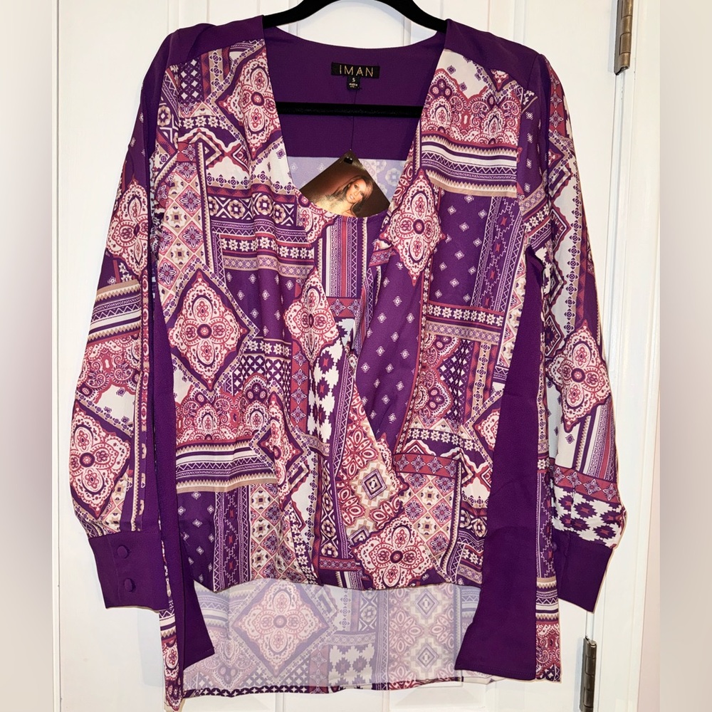 IMAN New Blouse patch work pattern in purple orange beige and off-white+ drapes